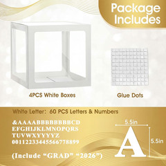 2026 Graduation Balloon Boxes Decorations, 4 Pieces White Clear Grad Balloon Box