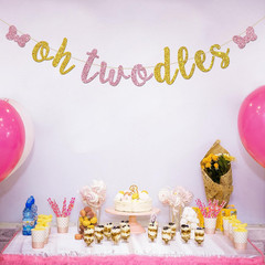 Oh Twodles Banner – Happy 2Nd Birthday Party Decor for Girls – Cartoon Mouse The
