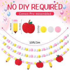 3 Pcs Back to School Decorations 10 Ft Apple and Pencil Felt Ball Banner Cute Po