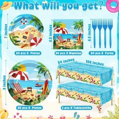 Complete 122PCS Summer Tableware Set: Tropical Plates, Forks & Tablecloth for 30