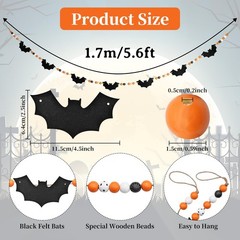 5.6 FT Halloween Bat Wooden Beads Garland, Black Felt Bats with Orange White …