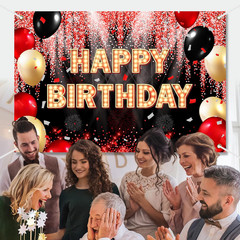 Happy Birthday Backdrop Banner Black and Red Theme Background with Neon Shiny