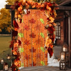 2 Pack Orange Maple Leaf Foil Fringe Curtains, 3.3×6.6 ft Fall Photo Backdrop
