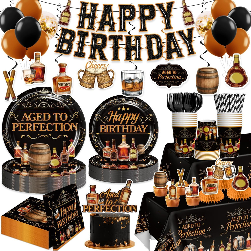 Aged to Perfection Birthday Decorations for Men – 207PCS Whiskey Birthday Decora