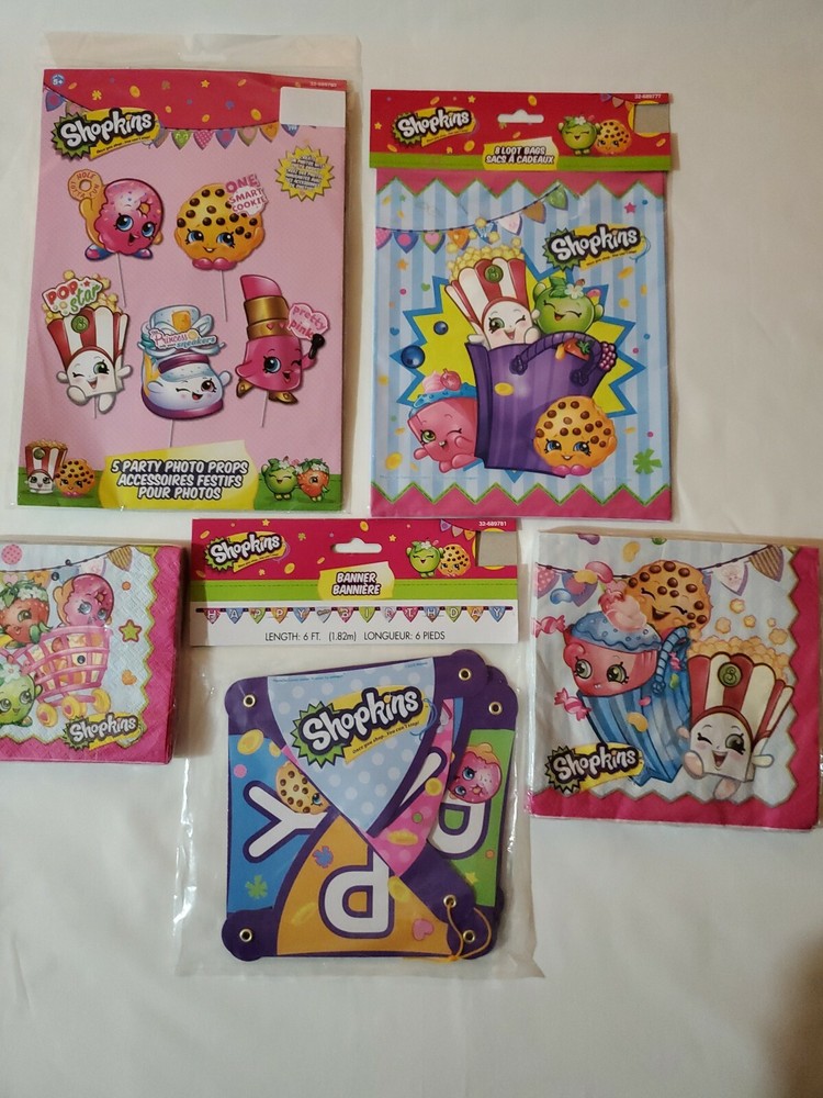 Shopkins Party Supplies Bundle, Photo Props, Banner, Loot Bags & Napkins BNWT!