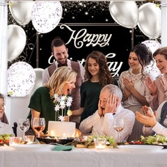 Sumind Black Silver Happy Birthday Banner Backdrop Party Decoration for Men Wome