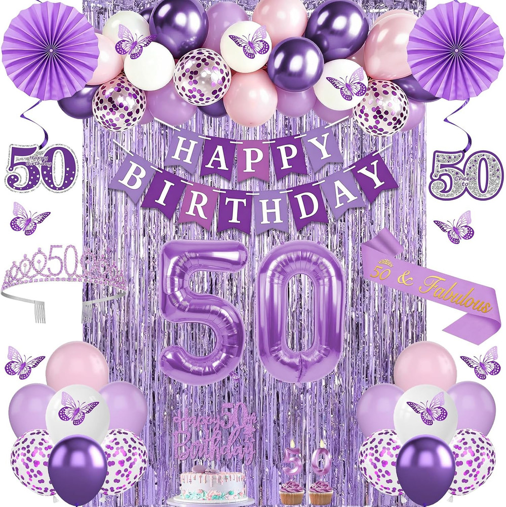 50Th Birthday Decorations, 52Pcs Purple 50Th Birthday Decorations for Women, 50