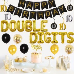 Double Digits 10th Birthday Decorations Black and Gold for Boys Girls, Double…