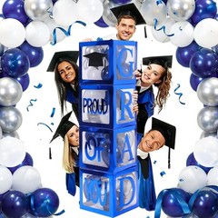 Elegant Navy Blue Graduation Decorations 2026 with Balloon Arch & GRAD Box