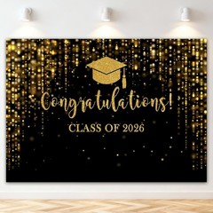 Elegant 2026 Graduation Backdrop – Black Gold Glitter Bokeh, 7x5ft Perfect fo…