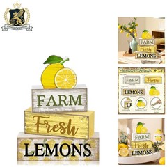 Farmhouse Lemon Tiered Tray Decor – 4 Wooden Pieces for Rustic Summer Vibes