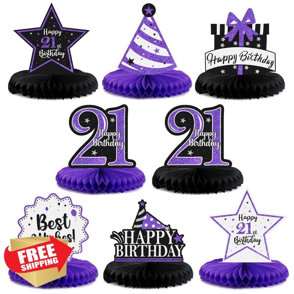 LASKYER 21st Birthday Decorations Purple Shiny Honeycomb Centerpiece