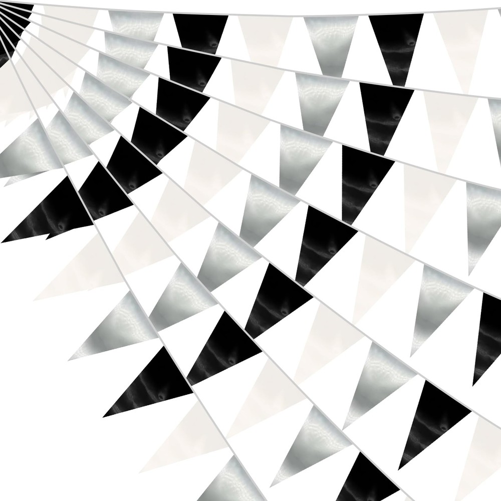 64FT Black White Silver Triangle Pennant Banner Flag Metallic Fabric Bunting …
