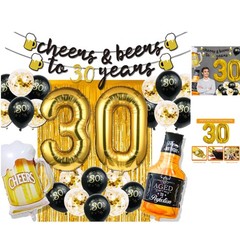 Memorable 30th Birthday Party Pack: Gold Balloons, Banner & Fringe Curtain