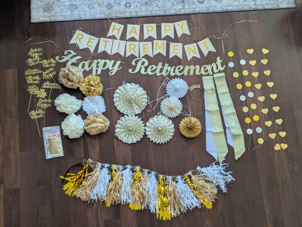 Retirement Party Decorations (Champagne, Gold & Cream)- 32 piece (preassembled)