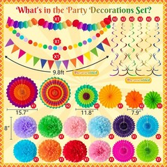 35PCS Hispanic Heritage Fiesta Decor: Paper Fans & Hanging Garlands