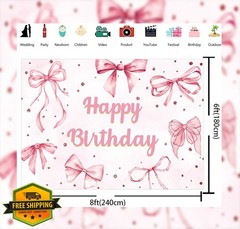 Pink Bow Coquette Birthday Backdrop Photography Banner 8x6FT