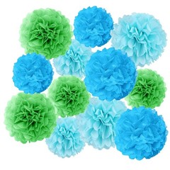 12 PCS Blue Light Green Tissue Paper Flowers Pom Poms Party Decorations