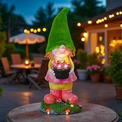 Solar Powered Resin Gnome Girl Statue for Outdoor Table or Shelf Decor
