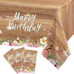 3 Pcs Floral Happy Birthday Tablecloths Cute Butterfly Wood Grain Table Cover