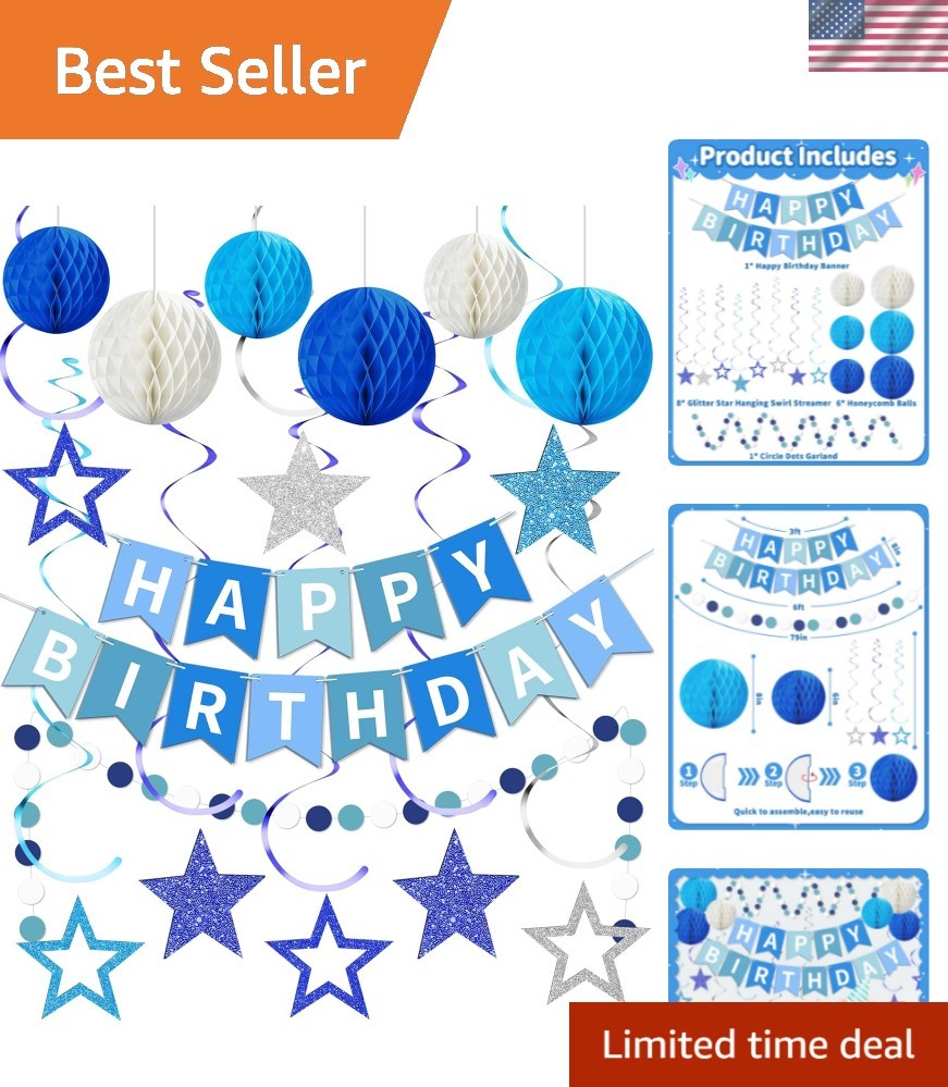 Blue Happy Birthday Decorations, Happy Birthday Banner with Honeycomb Balls, …