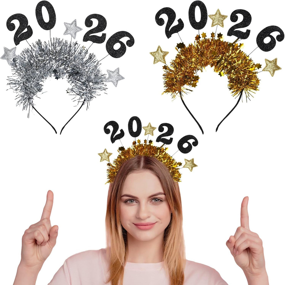 2026 Happy New Year Headband Tiara 2Pcs Gold Silver Glitter Star Party Supplies
