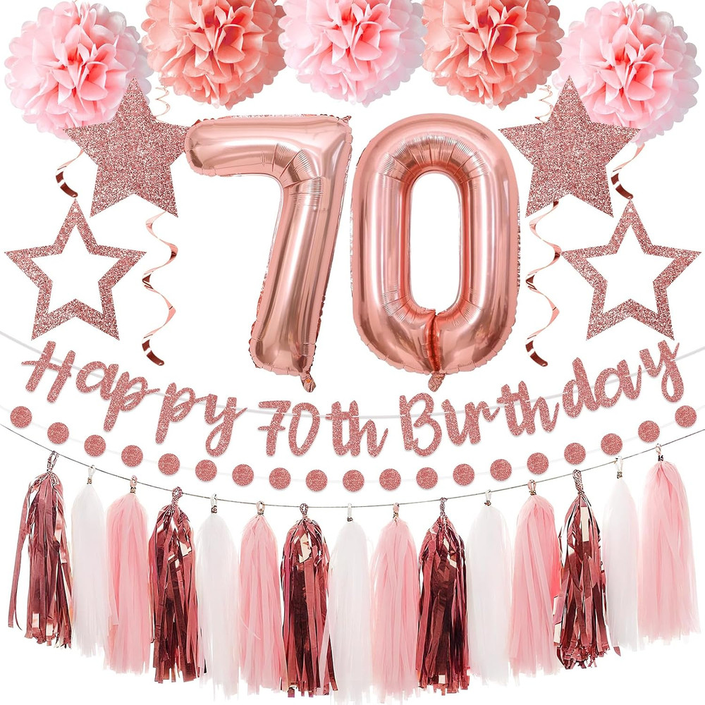 13Pcs 70Th Birthday Decorations for Girls, Pink Rose Gold Happy 70Th Birthday Ba