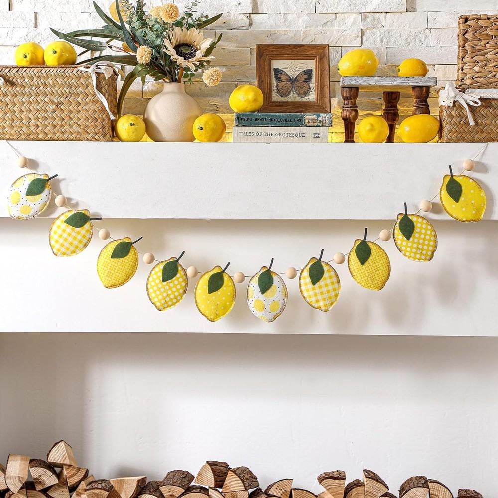 Lemon Felt Banner Garland Decor Vintage 3D Fruit Hanging Garland with Wooden …