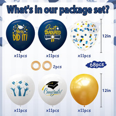 2025 Graduation Party Decorations, 68Pcs Graduation Balloons Blue and Gold Grad
