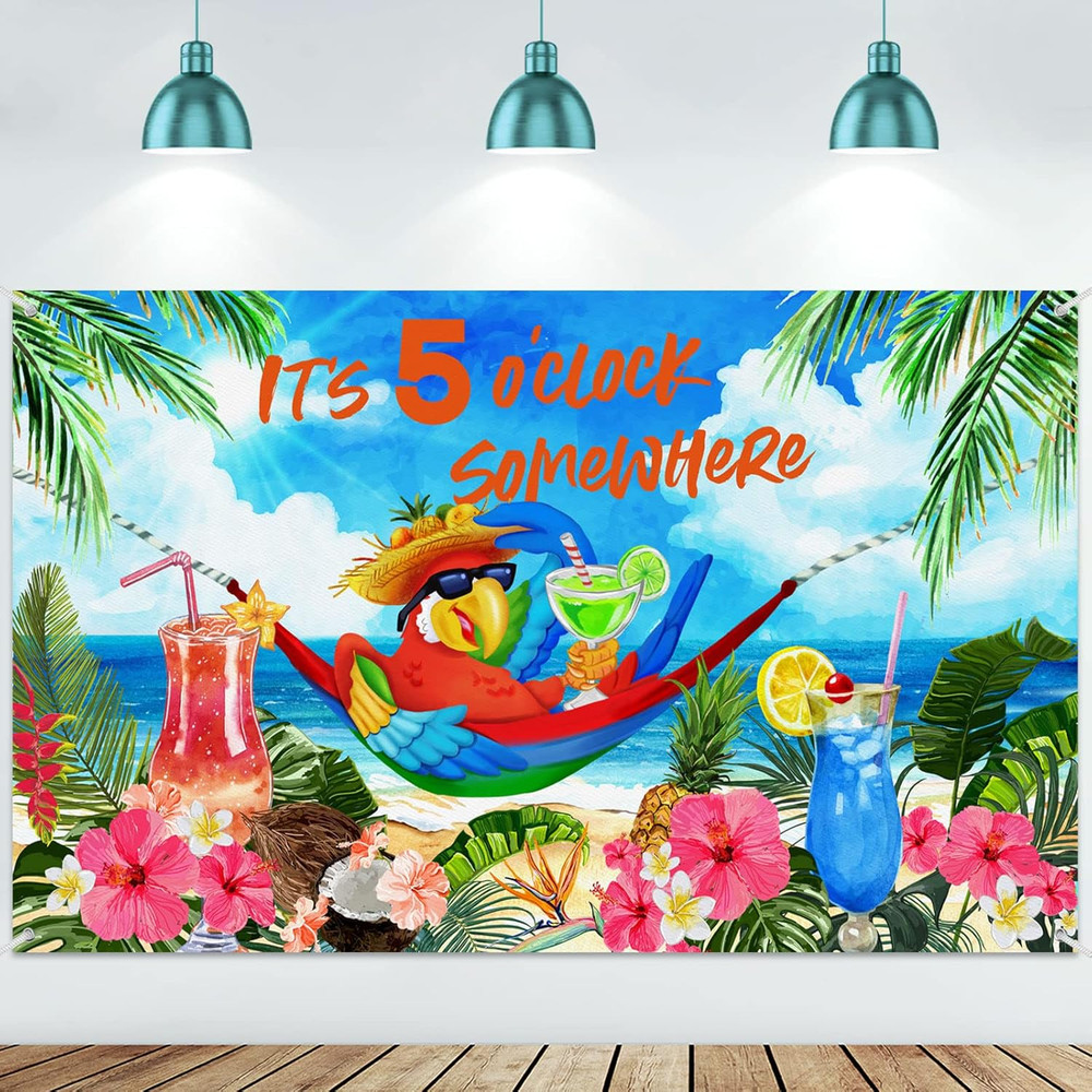 It’S 5 O’ Clock Somewhere Summer Backdrop Tropical Parrot Banner Beach Hawaii De