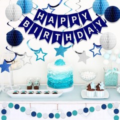 Blue Happy Birthday Decorations, Happy Birthday Banner with Honeycomb Balls
