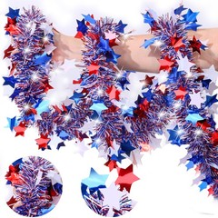 50 FT Red White Blue Star Tinsel Garland, Patriotic Metallic Star Tinsel Deco…