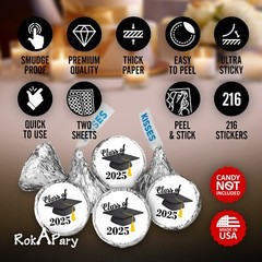 Class of 2025 Black Graduation Party Favor Kisses Stickers Labels SET of 216