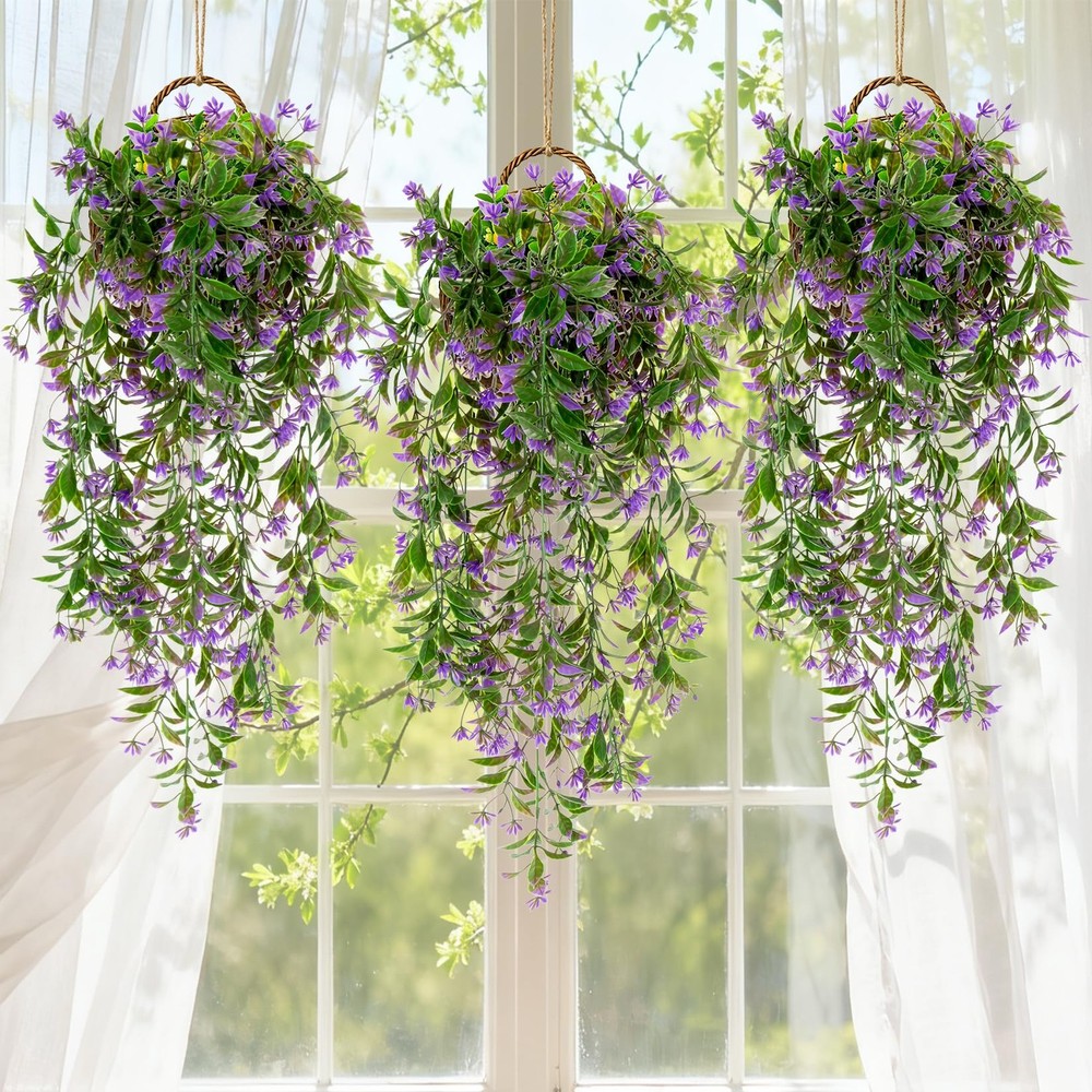 RAINFLOW 3PCS Artificial Hanging Flowers for Outdoors – UV 30″, Purple