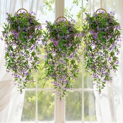 RAINFLOW 3PCS Artificial Hanging Flowers for Outdoors – UV 30″, Purple