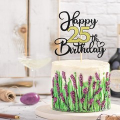 1 PC 25th Birthday Cake Topper Black Gold Glitter Heart Pattern Decoration
