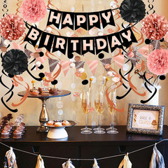 Rose Gold Black Theme Happy Birthday Banner Flag Bunting Paper Circle Confetti G