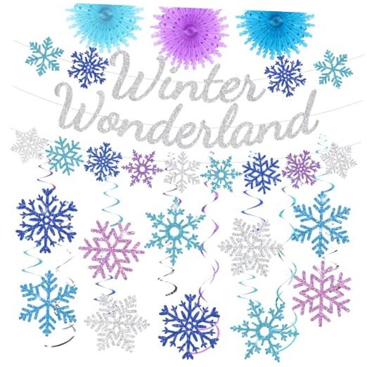 28pcs Winter Snowflake Hanging Swirls Decorations, Winter Wonderland White