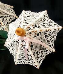 WHITE ASSTD BATTENBURG + OTHER LACE MINI PARASOL PARTY/SHOWER FAVORS – LOT OF 12