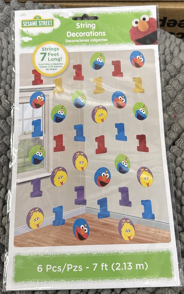 1st Birthday – 6 Pc String Decor – 7ft Long – Elmo / Cookie Monster / Big Bird