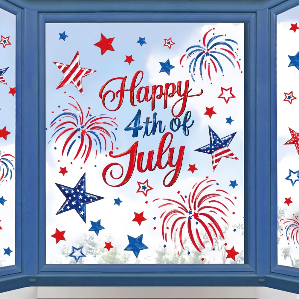 9 Sheets 4th of July Window Cling Stickers Patriotic Star Firework Reusable