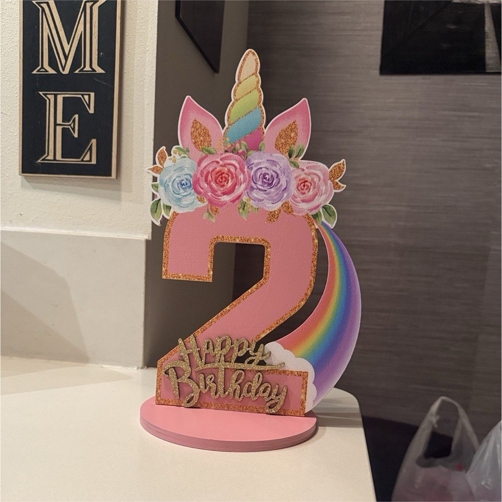 Unicorn 2nd Birthday Party Table Decoration Wood Sign Pink Floral Multicolor