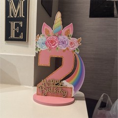 Unicorn 2nd Birthday Party Table Decoration Wood Sign Pink Floral Multicolor