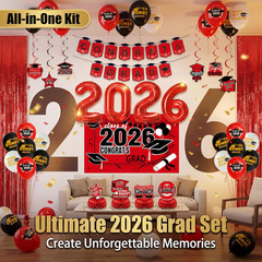 Graduation Party Decorations 2026–Black Red Grad Banner, Class of Backdrop, Ball