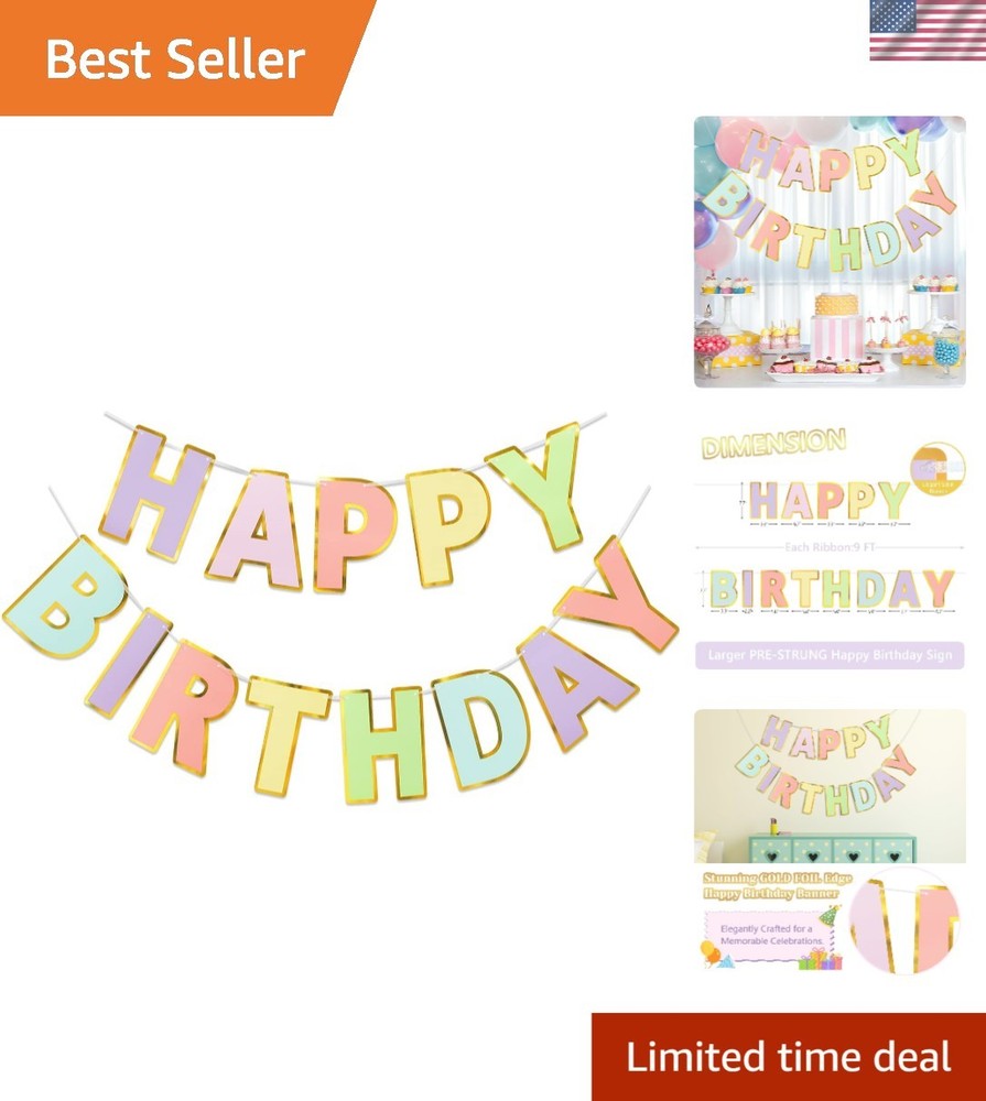 Elegant 9ft Pre-Strung Happy Birthday Banner in Macaron Colors – No DIY Needed