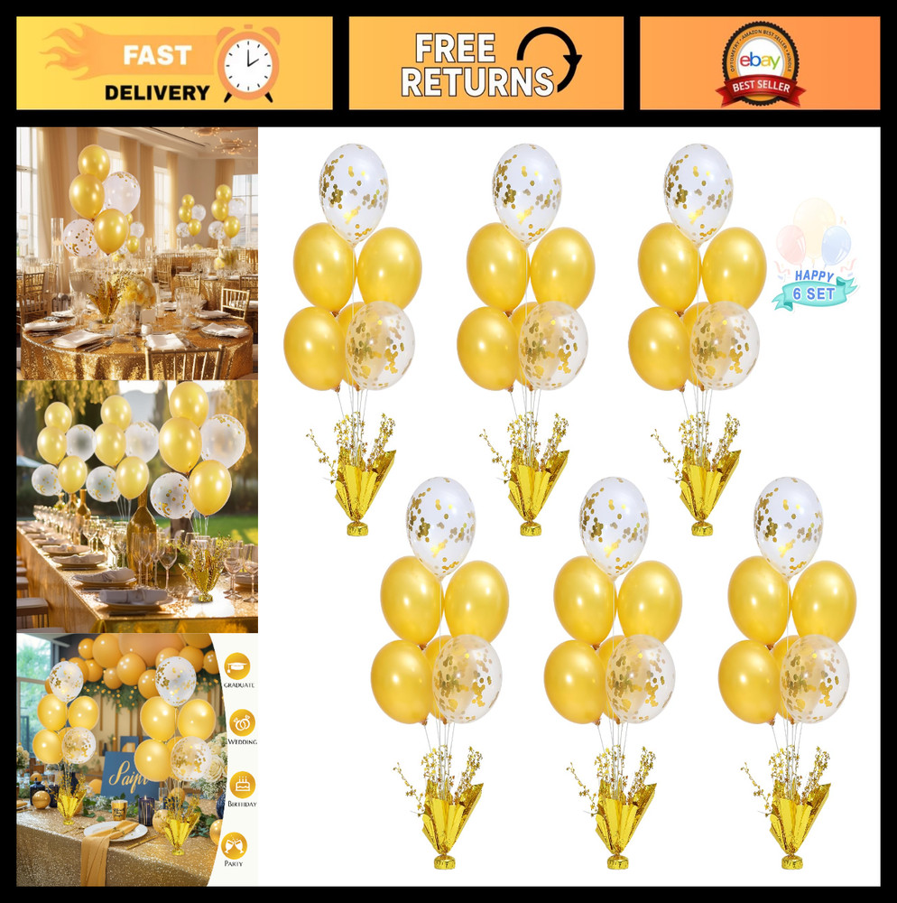 6 Set Gold Table Centerpiece Balloon Kit with Confetti Balloons for Parties & Ev
