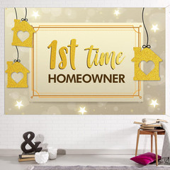 1St Time Homeowner Backdrop Banner Decor Gold Glitter – Housewarming Party Theme