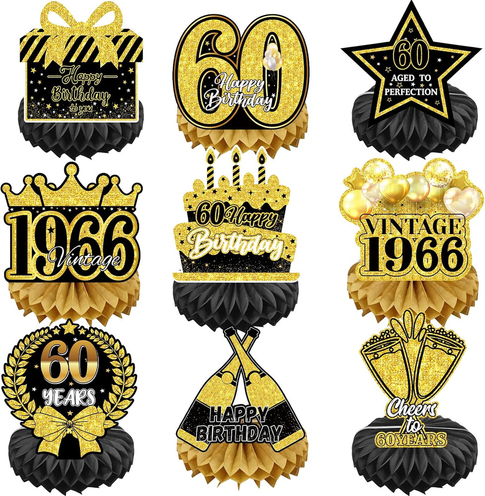 9 Pcs 60Th Birthday Decorations Centerpieces Set, Black Gold Cheers to 60 Years