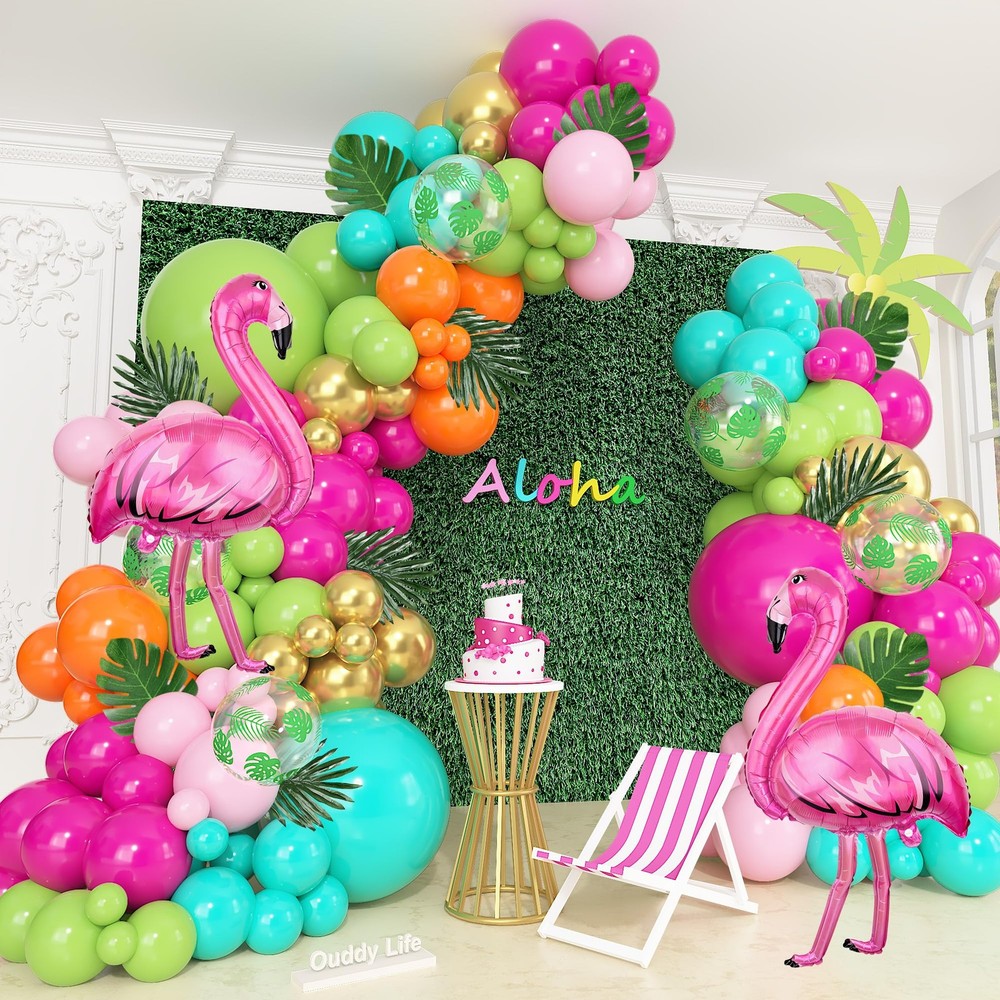 169pcs Tropical Balloon Arch Garland Kit, Luau Hawaiian Hot Light Pink Lime G…
