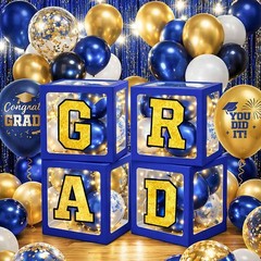 Navy Blue & Gold Graduation Decorations 2026 – Balloon Boxes, Table Decor & Ligh